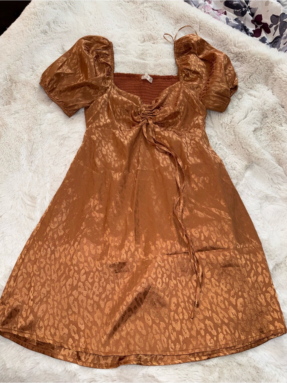 Altar'd State Copper Satin Mini Dress with Puff Sleeves